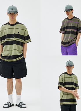 LAPIVIMA STRIPE CREW NECK酵素水洗做旧条纹短袖手工泼墨圆领T恤