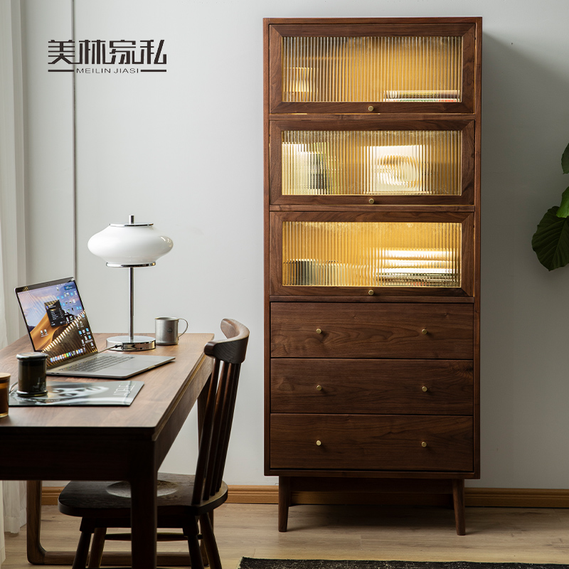 北欧简约实木书柜黑胡桃翻门落地