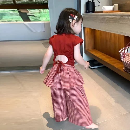 韩版童装2026夏季新款露背绑带短袖T恤女童红格子屁帘阔腿裤潮