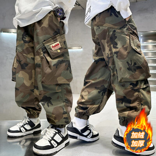 男童迷彩工装裤冬季加绒加厚儿童裤子2025秋冬新款中大童男孩宽松