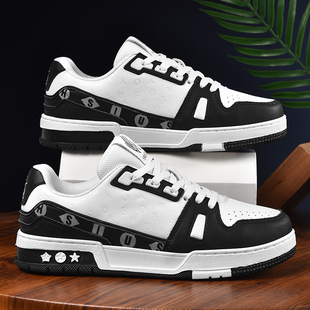 路易家真皮男鞋板鞋新款经典情侣潮鞋老花拼色低帮字母印花女鞋