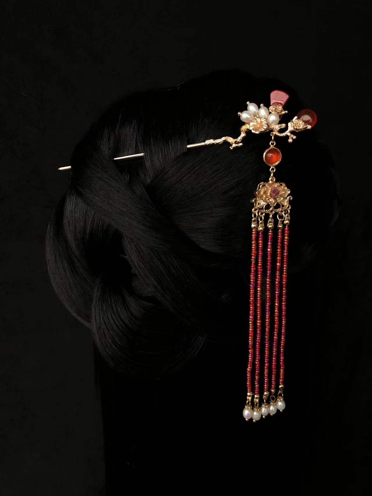 珠翠玉锦《枫芍年华》天然水滴玛瑙头饰古风汉服簪宝石合金盘发簪