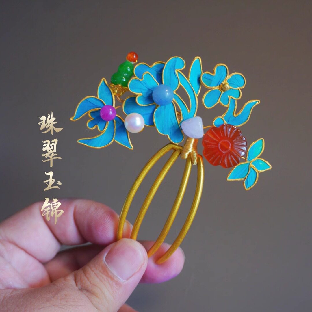 珠翠玉锦-春花厌-古风复古宝石汉服仿点翠发梳红玛瑙翡翠宫廷风