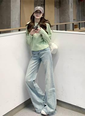 175高个子加长美式浅蓝低腰宽松微喇裤女春季新款遮肉百搭牛仔裤