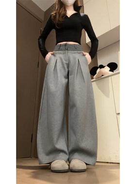 高个子超长175灰色格纹拼接双腰头阔腿裤女休闲春季高级感弯刀裤