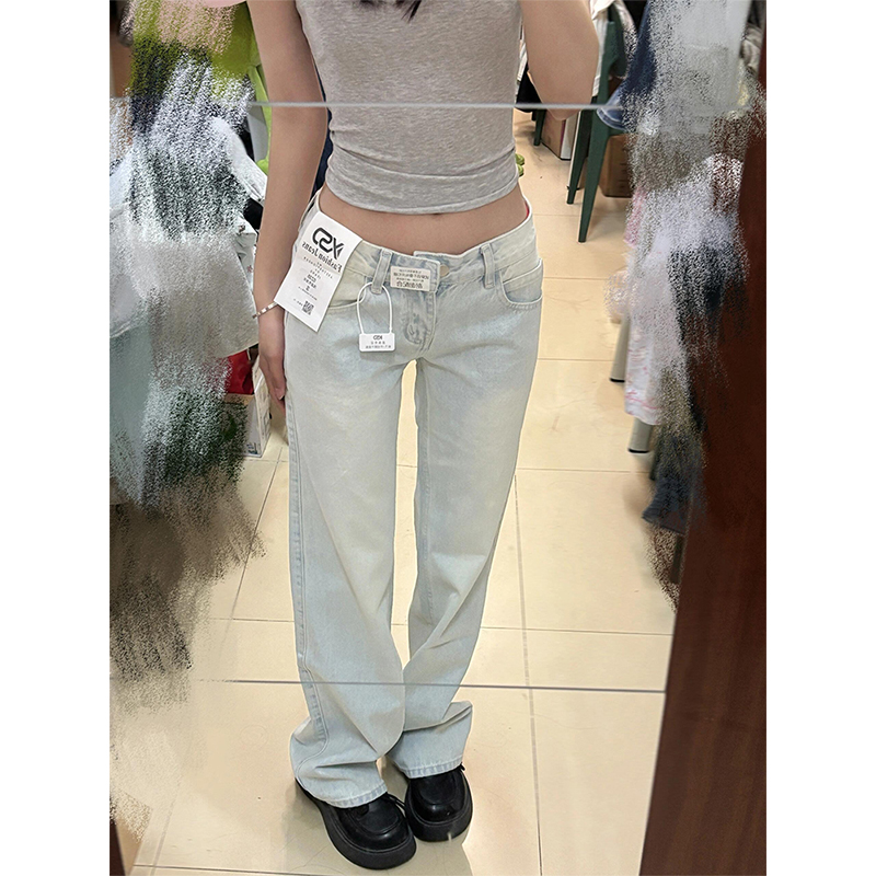 高个子加长水洗浅蓝色低腰直筒裤