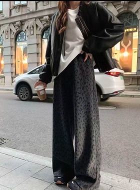 180高个子175款慵懒灰色豹纹阔腿裤女抽绳高腰显瘦垂感加绒拖地裤
