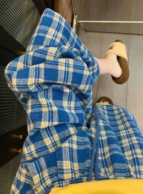 180超长高个子格子慵懒蓝色格纹阔腿裤女加厚宽松显瘦褶皱休闲裤