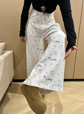 高个子超长175白色印花小狗图案阔腿休闲裤女春季2026直筒拖地裤