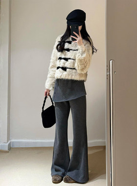 高个子超长深灰色微喇裤女2026春季休闲显瘦屁帘套装两件套喇叭裤