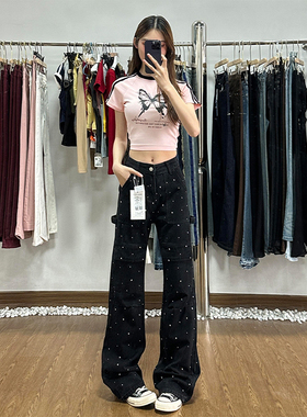 复古满天星带钻工装牛仔裤女春夏高个子加长175多口袋显瘦阔腿裤