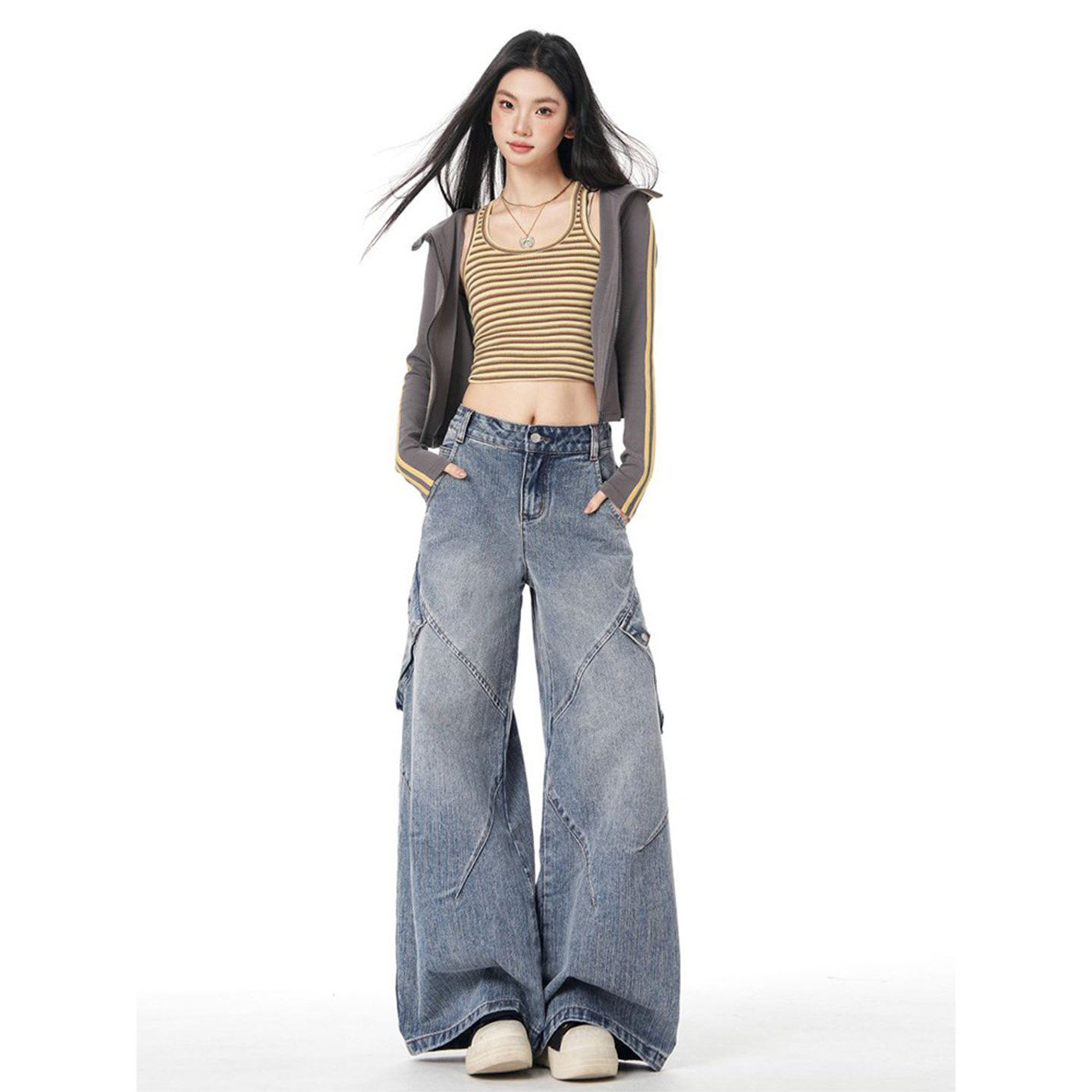 高个子美式复古解构多口袋设计宽松牛仔裤女春百搭高街显瘦阔腿裤,女装/女士精品,牛仔裤,淘宝优惠券,粉丝福利购,淘宝优惠卷