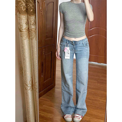 高个子加长美式浅色低腰牛仔裤