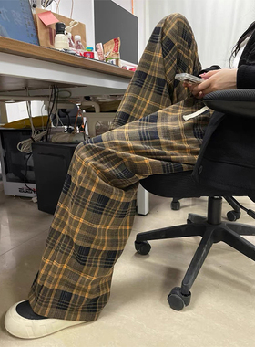 175高个子加长黄色格子休闲裤女秋冬新款高腰显瘦复古垂感阔腿裤
