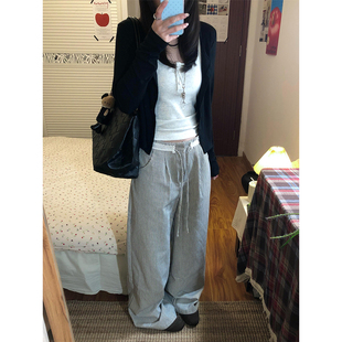 高个子加长180花边拼接条纹阔腿裤 女2026春夏蕾丝松弛感直筒长裤