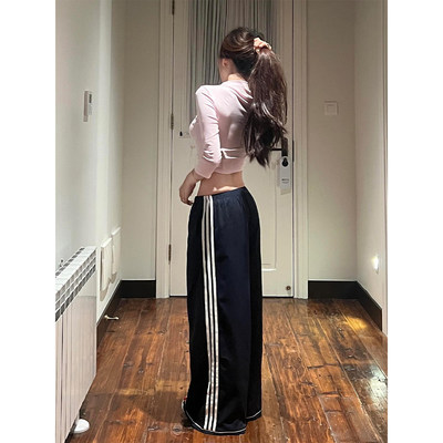175高个子加长美式藏青色阔腿裤女夏季低腰三条杠运动裤拖地长裤