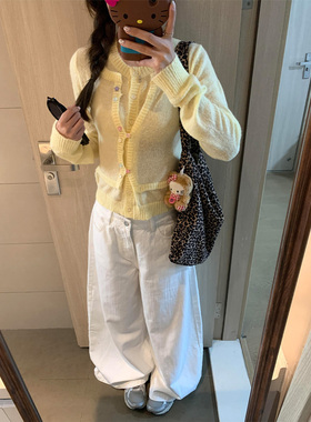 高个子加长白色肌理感设计感宽松牛仔裤女春季新款显瘦高腰阔腿裤