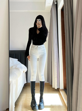 高个子超长白色高腰小脚牛仔裤女修身显瘦弹力百搭紧身靴裤九分裤