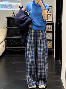 175高个子超长复古抽绳蓝色格纹阔腿裤女加厚宽松休闲慵懒直筒裤