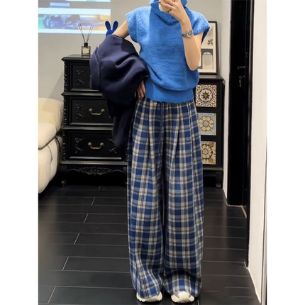 175高个子超长复古抽绳蓝色格纹阔腿裤女加厚宽松休闲慵懒直筒裤