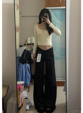 高个子加长黑色低腰V腰西装裤女2025秋季新款设计宽松显瘦喇叭裤