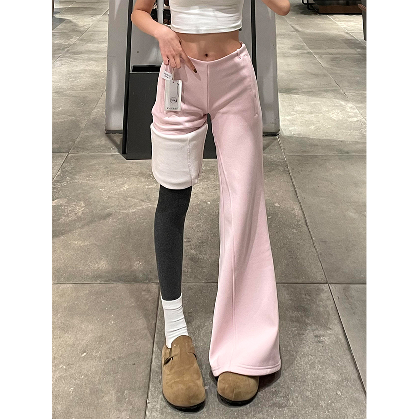 高个子加长粉色加绒不贴腿微喇裤