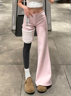 高个子加长粉色加绒不贴腿微喇裤女秋冬新款百搭垂感运动卫裤