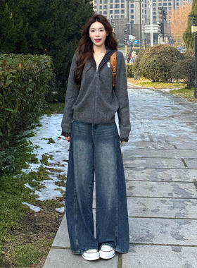高个子加长美式复古经典做旧牛仔裤女春季新款高街百搭宽松阔腿裤
