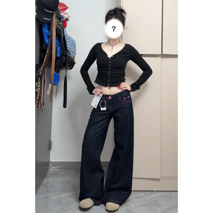 高个子加长美式粉线原色撞色牛仔裤女2026春款显瘦遮肉宽松直筒裤