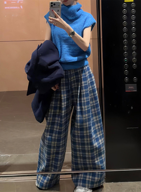 175高个子加长复古格纹阔腿裤女高腰宽松松弛感蓝色休闲直筒长裤