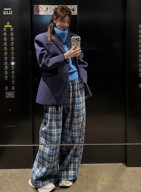 高个子加长175蓝色毛呢格子裤女冬百搭宽松休闲裤慵懒阔腿拖地裤