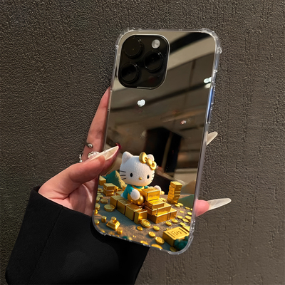 黄金KT凯蒂猫适用iPhone17promax镜面15promax14Pro苹果16手机壳xsmax创意13简约12搬金砖78plus招财xr卡通6p