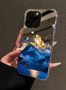 墨蓝金山流水生金适用iPhone17pro镜面16promax招财15Pro苹果14手机壳xsmax补妆13创意12日照金山8plus简约xr