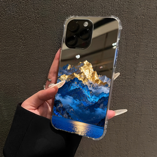 墨蓝金山流水生金适用iPhone17pro镜面16promax招财15Pro苹果14手机壳xsmax补妆13创意12日照金山8plus简约xr