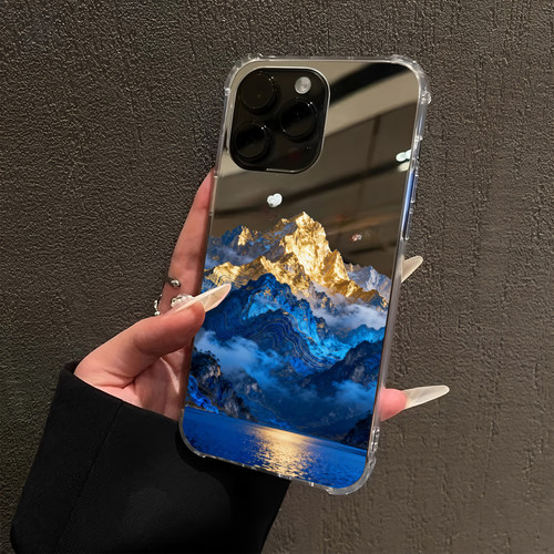 墨蓝金山流水生金适用iPhone17pro镜面16promax招财15Pro苹果14手机壳xsmax补妆13创意12日照金山8plus简约xr