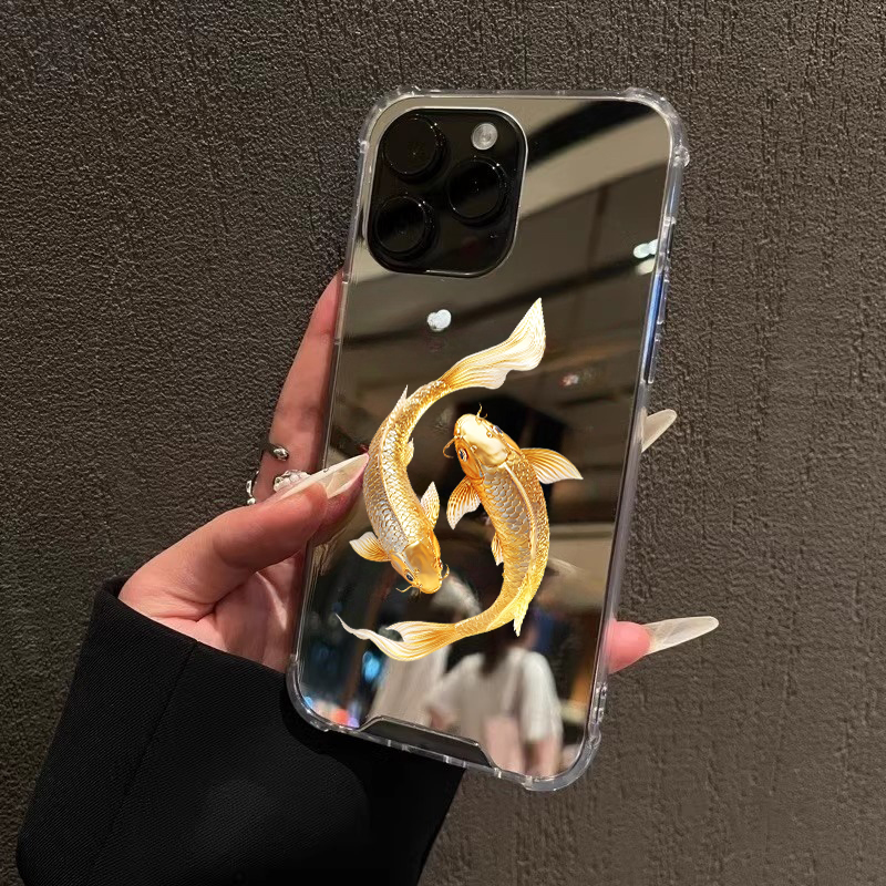 黄金锦鲤年年有鱼适用iPhone17promax镜面15promax招财14Pro苹果16手机壳xsmax创意13简约12情侣78plus补妆xr