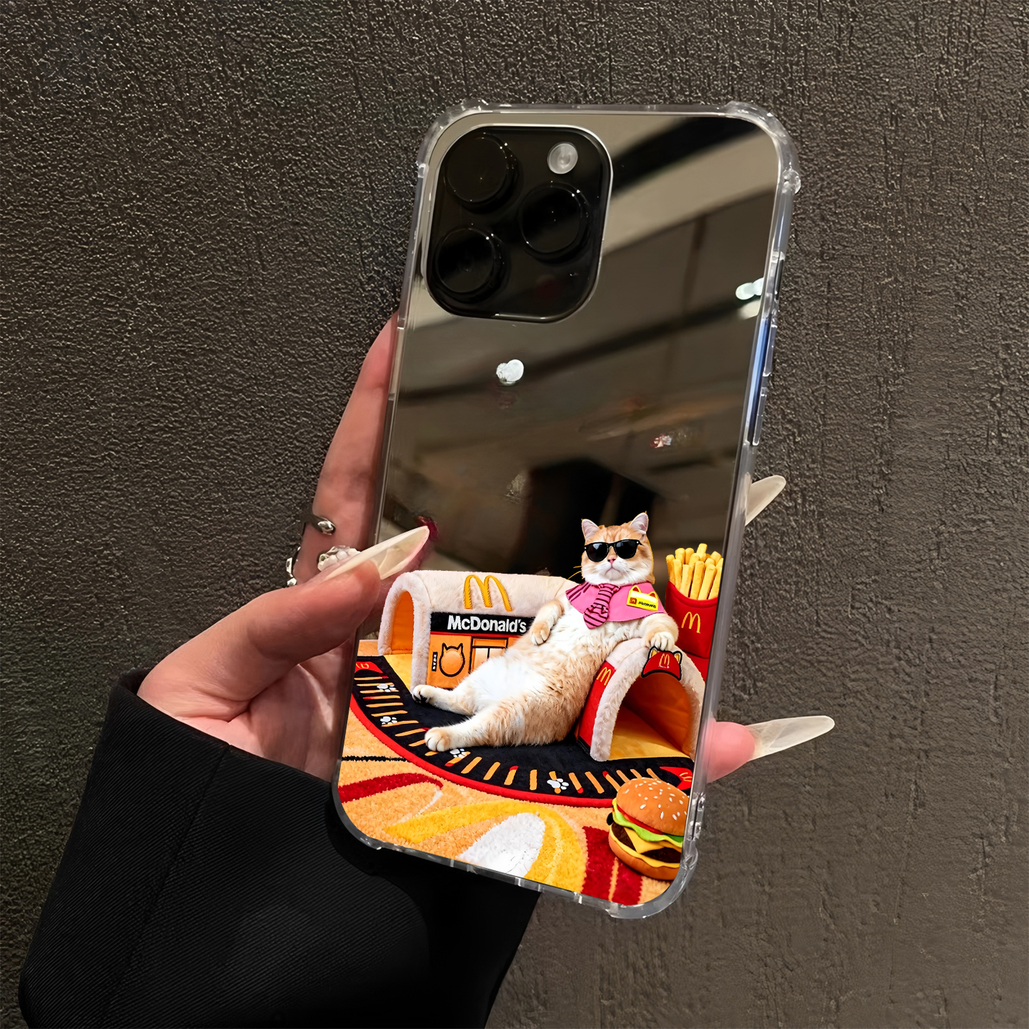 小猫M记麦门适用iPhone17pro镜面16promax简约15Pro苹果14手机壳xsmax补妆13创意12情侣xr薯条7软8plus汉堡6p