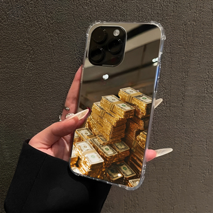 高能量一堆美金适用iPhone17pro镜面16promax美元 8plus创意12招财 15Pro苹果14手机壳xsmax补妆13简约xr情侣7