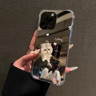 早C晚A表情委屈小猫咖啡适用iPhone16pro镜面15promax简约14Pro苹果11手机壳xsmax创意13恶搞8plus镜子12补妆