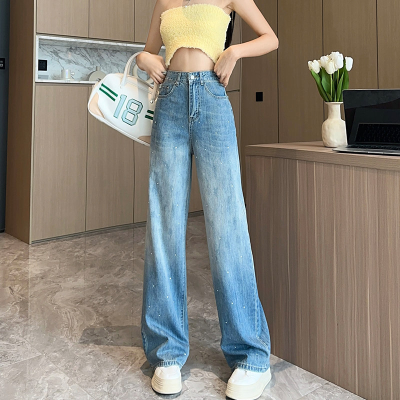 复古窄版直筒牛仔裤女烫钻夏季新款高腰宽松时尚带钻重工阔腿裤子,女装/女士精品,牛仔裤,淘宝优惠券,粉丝福利购,淘宝优惠卷