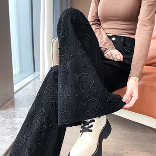 刺绣玫瑰花钉珠微喇牛仔裤女长裤春秋季新款高腰显瘦弹力喇叭裤子