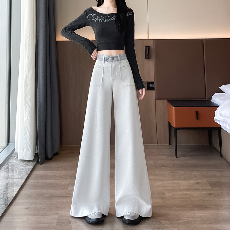 米灰阔腿牛仔裤女长裤春秋季新款