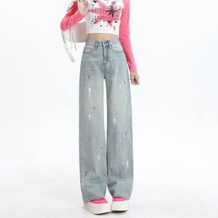 多巴胺彩绘油漆点直筒牛仔裤女加绒秋冬浅蓝窄版阔腿裤设计感裤子