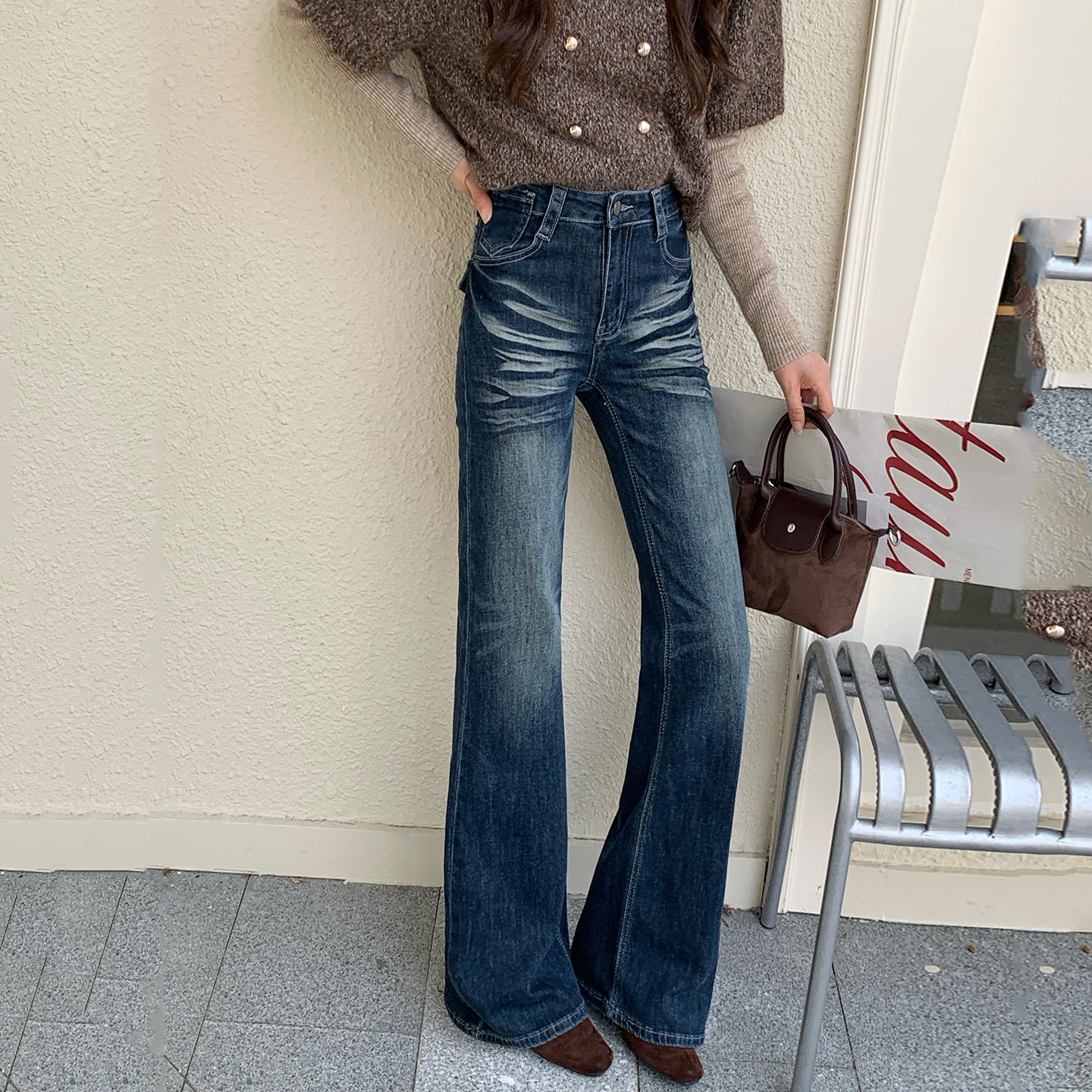 复古蓝低腰微喇牛仔裤女显瘦弹力辣妹拖地长裤子美式复古风春秋季