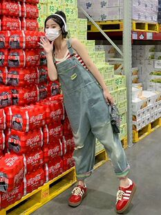 子韩版 牛仔背带裤 破洞做旧阔腿长裤 宽松洋气减龄时尚 女春夏新款