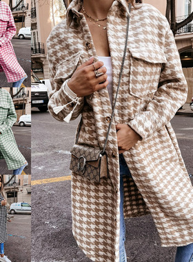 2021亚马逊 wish速卖通秋冬新款 千鸟格印花中长款毛呢外套女