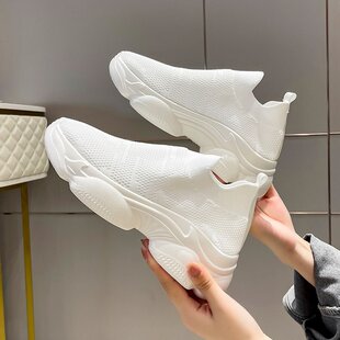 女平底透气休闲单鞋 2025秋季 新款 厚底飞织运动鞋 一脚蹬袜子老爹鞋