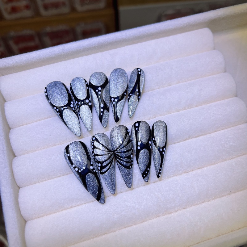 【鬼魅】朋克风黑暗晶石猫眼手绘蝴蝶线条白点长尖欧美手工穿戴甲