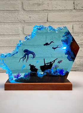 海洋章鱼和潜水员树脂夜灯木质树脂灯手工家具和装饰品生日礼物