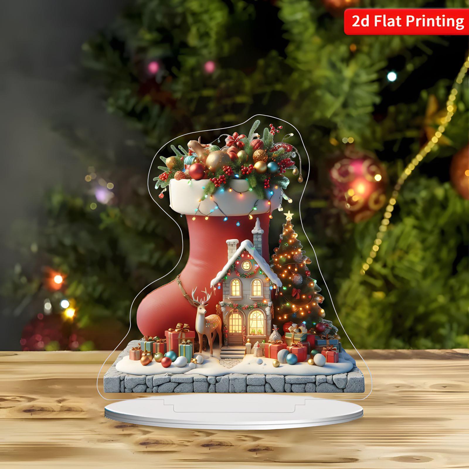 跨境新品圣诞袜背景雪屋2D亚克力立牌桌面装饰品摆件节日家居礼物